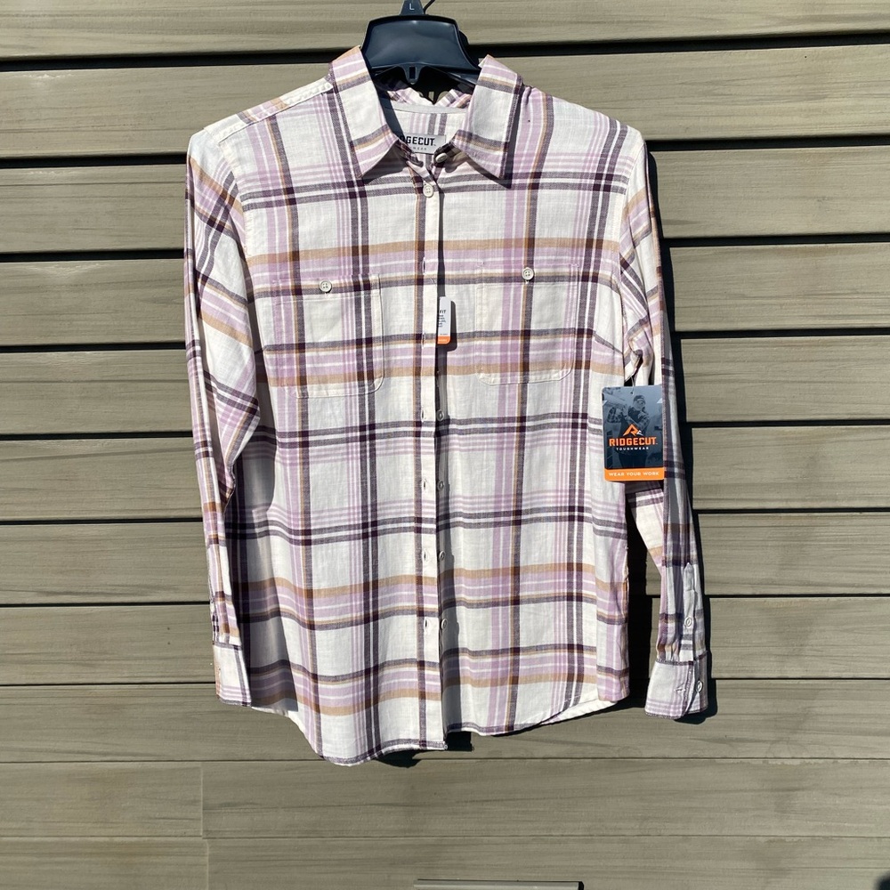 Woman’s NWT Ridgecut button up plaid purple white and tan shirt